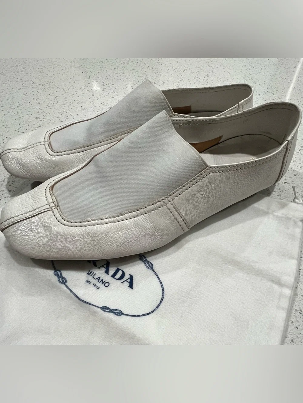 Mens Authentic Prada White Leather Square-toe Slip-ons W/elastic Vamp, SZ 11.5